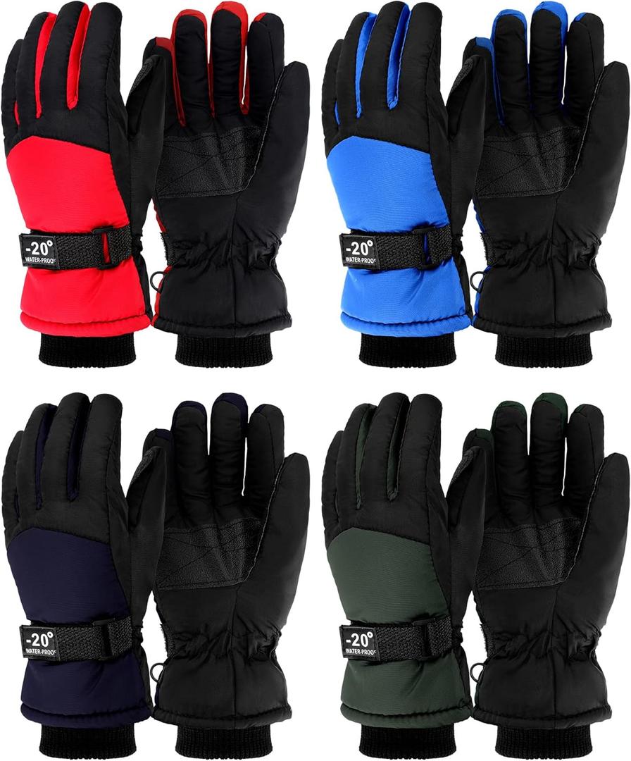 Eurzom 4 Pairs Kids Waterproof Winter Snow Gloves Ski Windproof Adjustable Gloves for Boy Girl Outdoor Warm, 4 Colors (8-15 Years, Red, Blue, Black, Navy Blue)