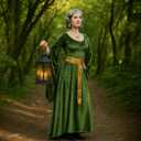 Mepase Women Fairy Renaissance Dress Costume Set Carnival Medieval Outfit with Elf Ear Necklace Earring Masquerade Cosplay (Green)