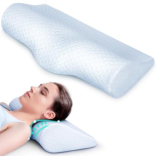Ultra Pain Relief Cervical Neck Pillow for Sleeping, Adjustable Ergonomic Memory Foam Reading Pillow for Adults, Cooling Orthopedic Side Sleeper Pillow, Back Pillow for Bed, Sofa & Floor Snow White