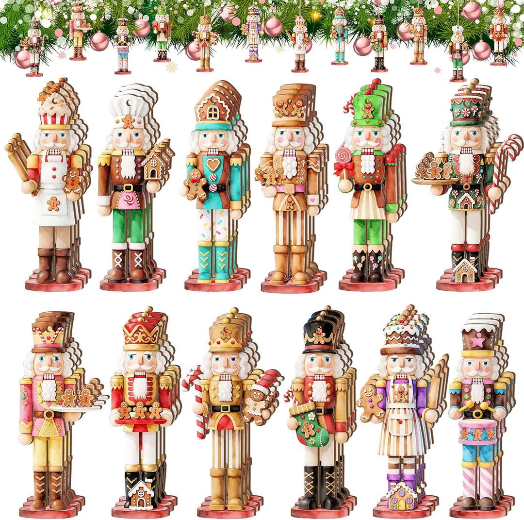 36 Pcs Christmas Nutcracker Ornaments for Tree Mini Wooden Xmas Soldier Hanging Nutcrackers Figures Tree Decoration with Ropes for Figures Party Holiday Crafts (Brown)