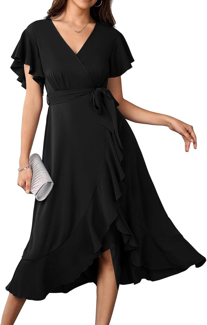 Womens Wedding Guest Midi Dress Flutter Sleeve V Neck Wrap High Low Bridesmaid Cocktail Formal Dresses for Women (Black, XXL)