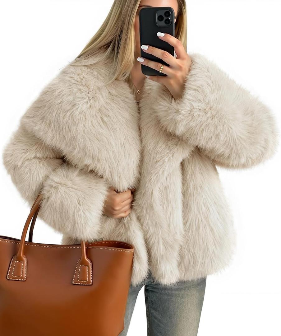 ZESICA Women's Winter Faux Fur Coats Fluffy Jacket 2026 Trendy Long Sleeve Lapel Shaggy Warm Outerwear with Pockets (M)