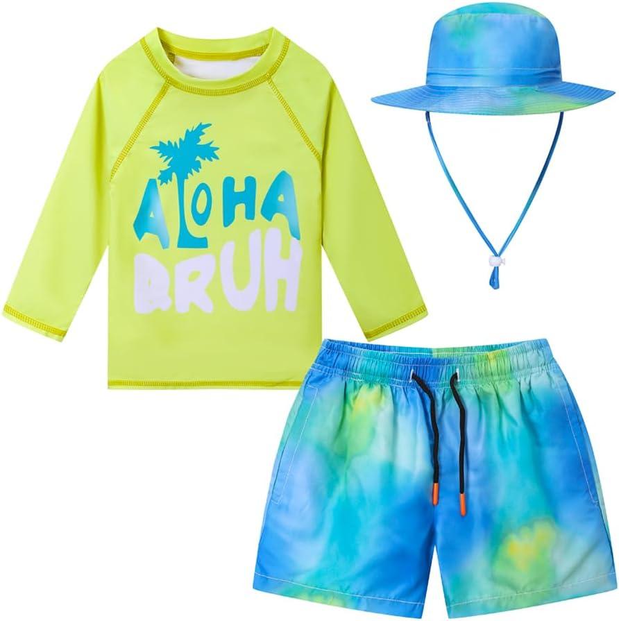 Toddlers and Baby Boys' 3-Piece Rash Guard Swimsuits Kids Long Sleeve Sunsuit Swimwear Sets (Aloha, 3-4 Years)