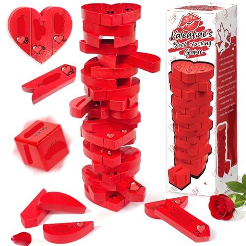 AerWo 51PCS Date Night Valentines Games, Heart Wooden Blocks Stacking Couples Game, Tumbling Tower Date Night Valentines Day Games for Couples Valentines Gift Date Night Ideas