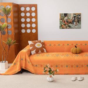 Boho Couch Cover, Soft Chenille Couch Covers for 3 Cushion Couch Sofa Pet Friendly, Couch Cover for Dogs Durable Washable, Reversible Couch Protector with Tassels (Yellow and Orange 71" X118")