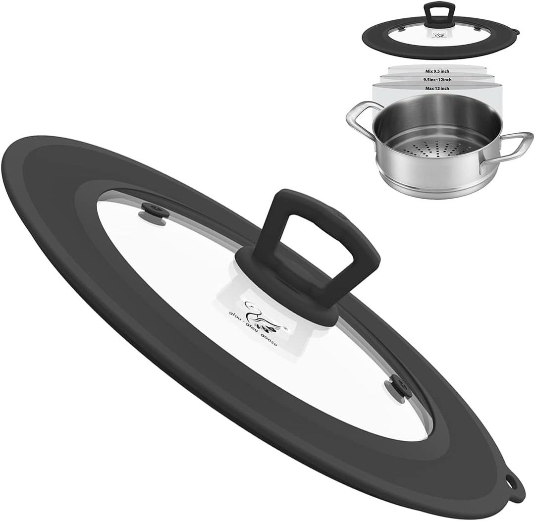 Vented Tempered Glass Universal Lid for Pot Pan Skillet with Heat Resistant Silicone Rim Microwave Splatter Lid Cover Microwave Safe Fit 9.5 10 10.5 11 Cookware, Dishwasher Safe Black