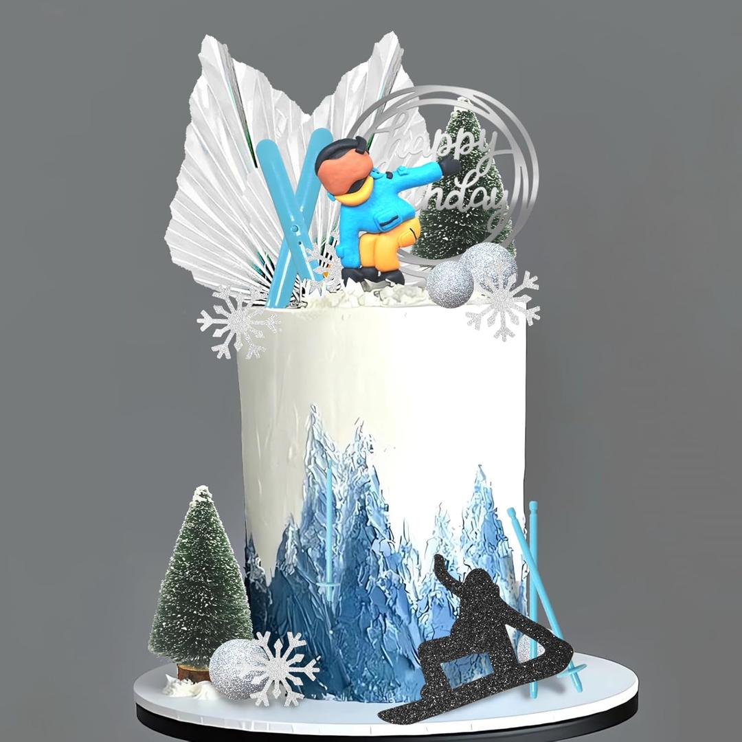 Skiing Cake Toppers Winter Skiing Decorations Skiing Player Ornaments Snowboard pine Trees Cake Decorations for Winter Sport Skiing Theme Supplies