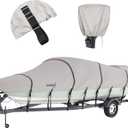 1200D Waterproof Boat Cover Trailerable Marine Grade Polyester Universal Fits V-Hull, Bass, Runabout,Fishing,Ski Boat with Motor Cover,More Straps (Gray, 14' - 16' L, UP to 90" W)