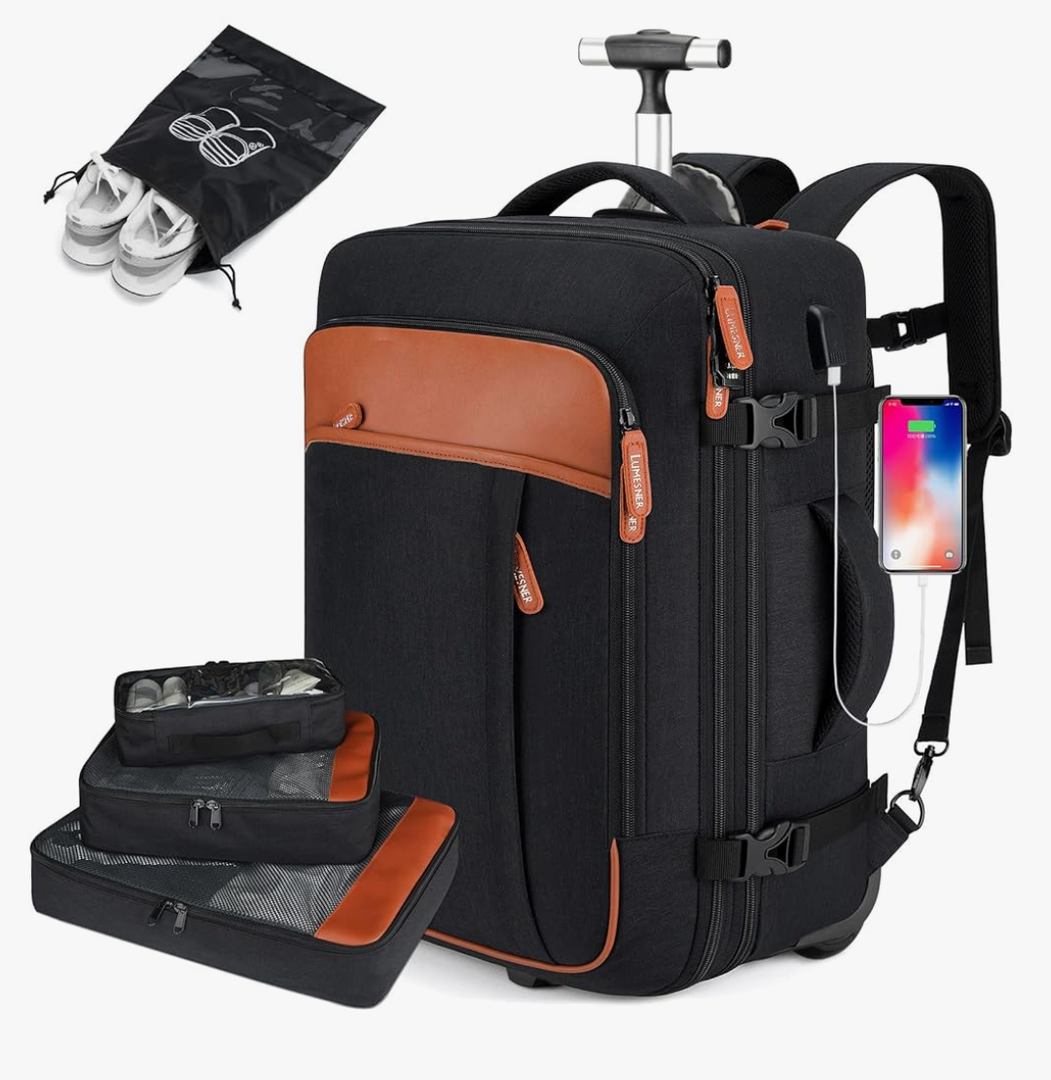 Rolling Backpack for Men & Women, 42L Carry-On Travel Backpack with Wheels, 17.3 Inch Laptop Compartment, Water Resistant Wheeled Bag with USB Port, 4 Packing Cubes, Black(14×9×20 in, 6.6 lb)