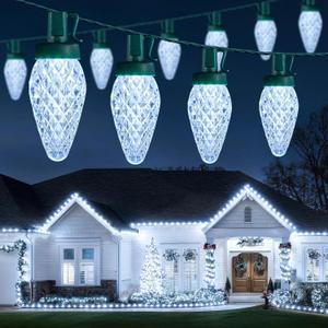 Brightown C9 Christmas Lights Outdoor, 114FT 150 LED Pure White String Lights with Timer, 8 Modes, Plug-in UL Listed Waterproof Connectable Christmas Tree Lights for House, Roof, Garden, Patio Decor