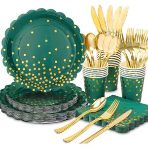 175Pcs Green and Gold Party Decoration - Green Plates and Napkins Party Supplies - Scalloped Paper Plates for Birthday Graduation Decorations, Serve 25 Guests