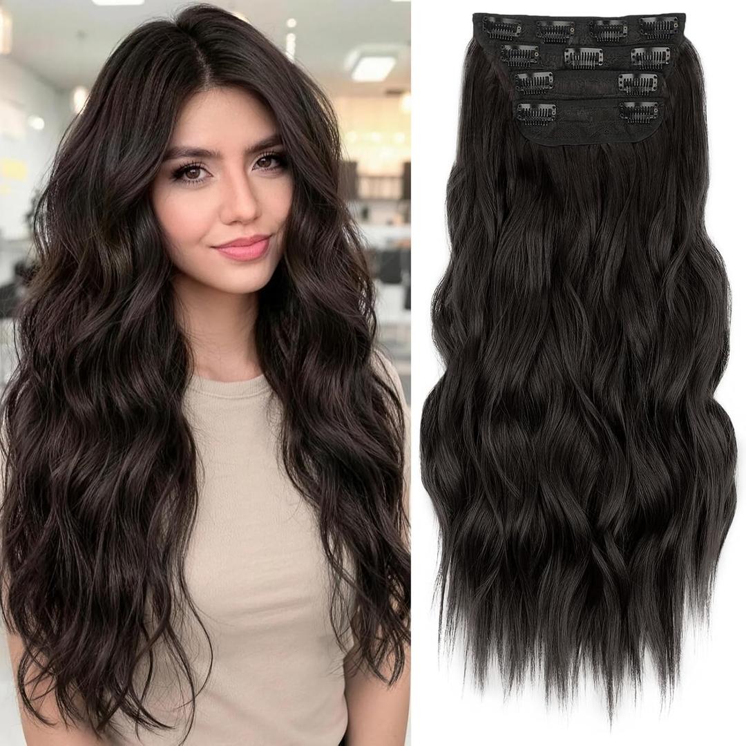 KooKaStyle Clip in Long Wavy Synthetic Hair Extension 20 Inch 4PCS Dark Brown Hairpieces Fiber Thick Double Weft Hair Extension for Women (Rich Dark Brown Silky Shine)