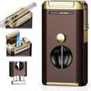 All-in-one Torch Lighter with Holder, Pop Out Cutter, and Dual Jet Flame, Gifts for Men, Multi-Functional Lighter Accessories, Adjustable & Windproof Flame, Refillable Butane Lighter for Travel (Brown and Gold)