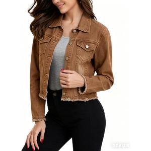 MISS MOLY Jean Jacket Women’s Frayed Washed Button Up Cropped Denim Jacket w 2 Side Pockets