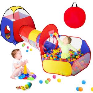 GeerWest 3 in 1 Kids Play Tent for Toddler with Baby Ball Pit and Play Tunnel, Children Indoor Outdoor Playhouse with Climbing Tunnel Toy for Toddlers, Boys and Girls Best Birthday Gifts (No Balls)