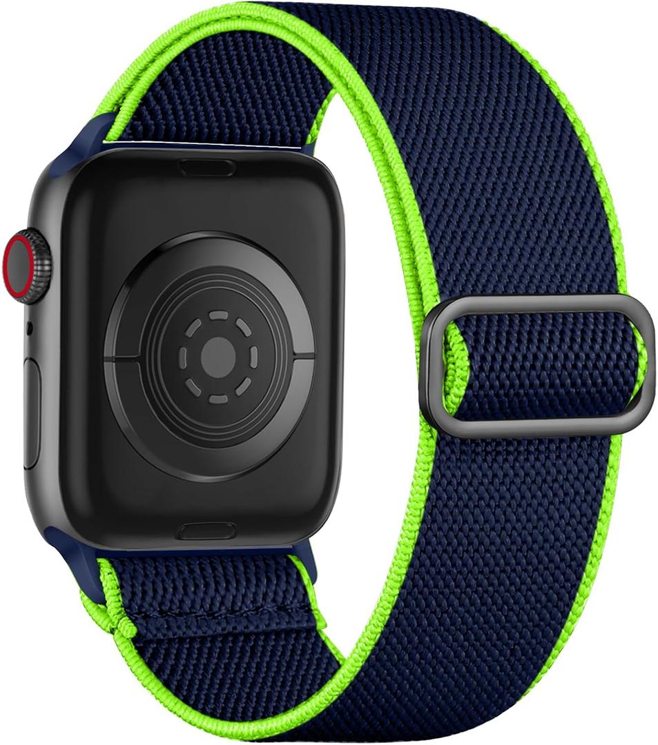 Maledan Stretchy Solo Loop Compatible with Apple Watch Band Women Men, Soft Nylon Elastic Braided Strap Wristband for iWatch Series 10 9 8 7 6 5 4 3 2 1 SE Ultra (Dark Blue/Green), 38mm/40mm/41mm/42mm(Series 10)