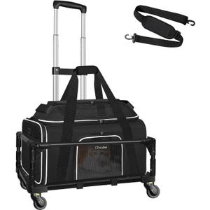 Petskd Top-Expandable Small Pet Carrier with Wheels (17" L x 11" W x 9.5" H), Alaska Airlines Approved, Rolling Pet Carrier for Small Dogs & Cats (Black)