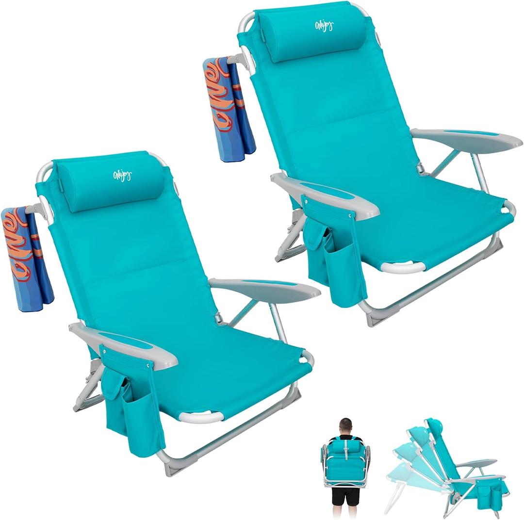 #WEJOY Folding Beach Chair for Adults, 4-Position Aluminum Lightweight Beach Chair, Low Sands Chairs with Backpack Straps, Cup Holder and Padded Headrest, Supports 265lbs for Lawn