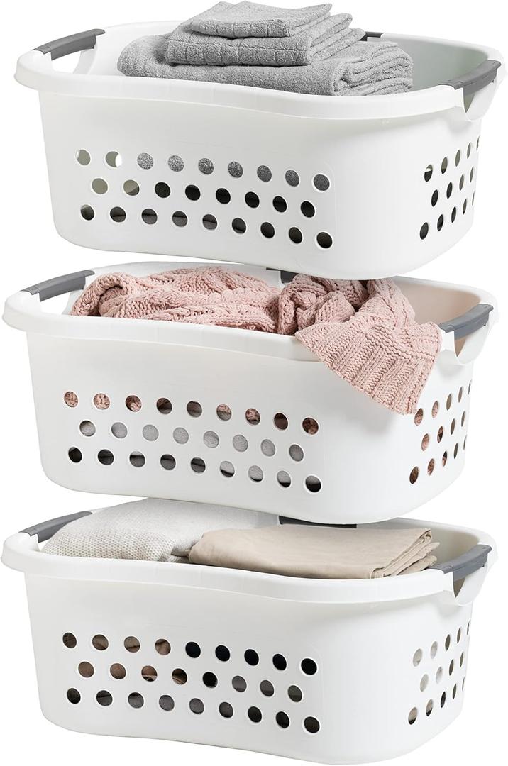 IRIS USA 50L Plastic Hip Hold Laundry Basket with Built-In Comfort Carry Handles, 3 - Pack, 1.5 Bushel, Clothes Hamper, Laundry Hamper, Ventilation Holes, for Closet Dorm Laundry Room Bedroom, White