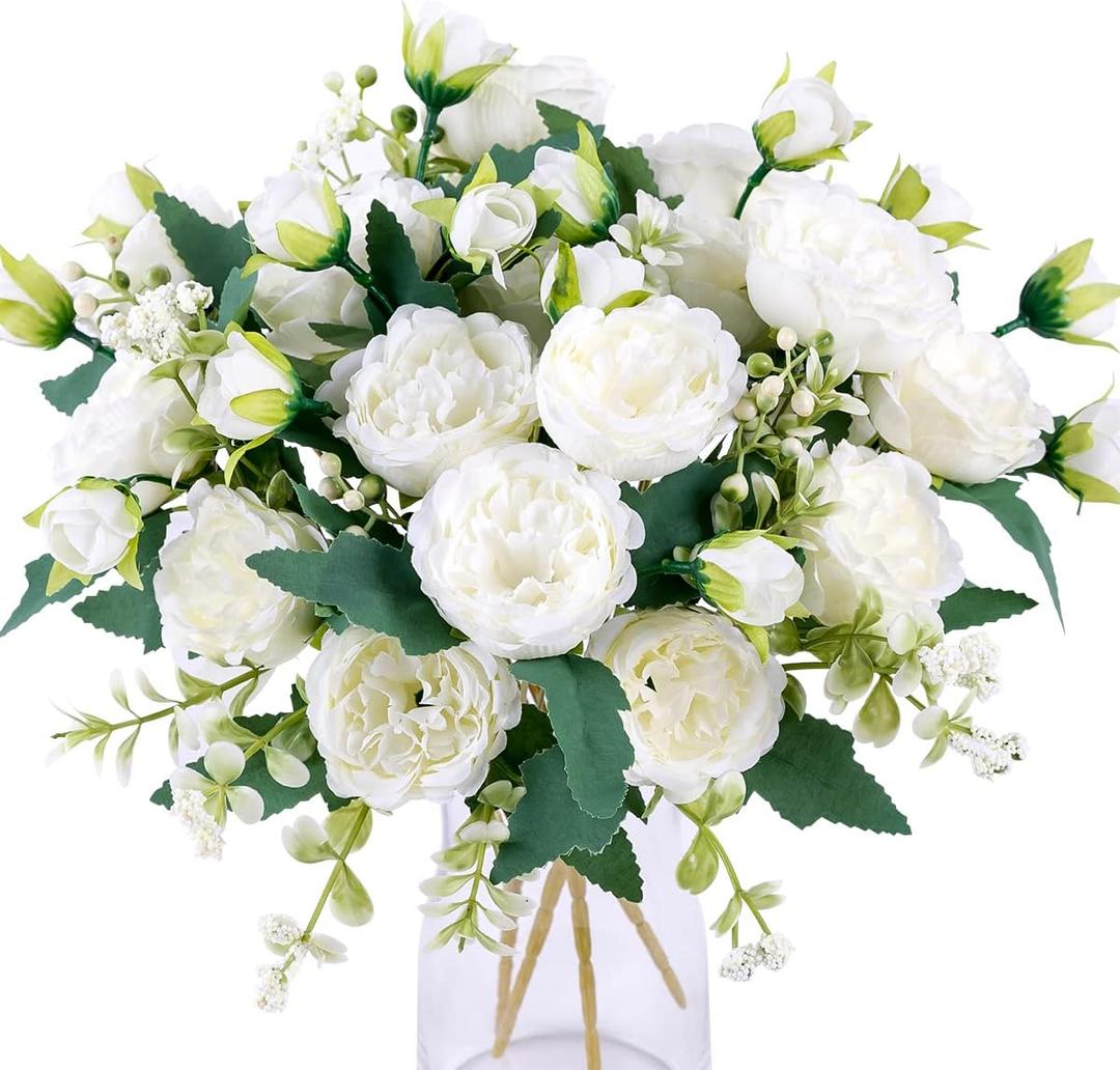 Floweroyal 4 Bunches Peony Artificial Flowers White Flowers Silk Peonies Bouquets for Wedding Party Table Centerpieces Floral Arrangement Home Kitchen Decor.