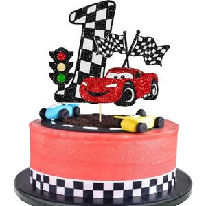Gyufise 1Pc Car Cake Topper Race Car First Birthday Cake Decorations for Racing Car Checkered Flag Themed Kids Boy Girl Happy Birthday Party Supplies