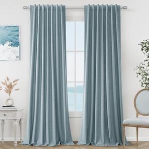 Guken Blue Linen Blackout Curtains 84 Inch Length 2 Panels Set for Living Room Bedroom Back Tab Thermal Insulated 100% Black Out Linen Drapes Room Darkening Window Curtains 84 Inches Long Dusty Blue