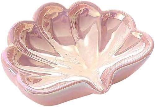 Multi-Functional Shell Soap Dish Bathroom Drain Soap Bar Holder Ceramic Box Tray Elegance Seashell Shape Jewelry Plate (Pink)