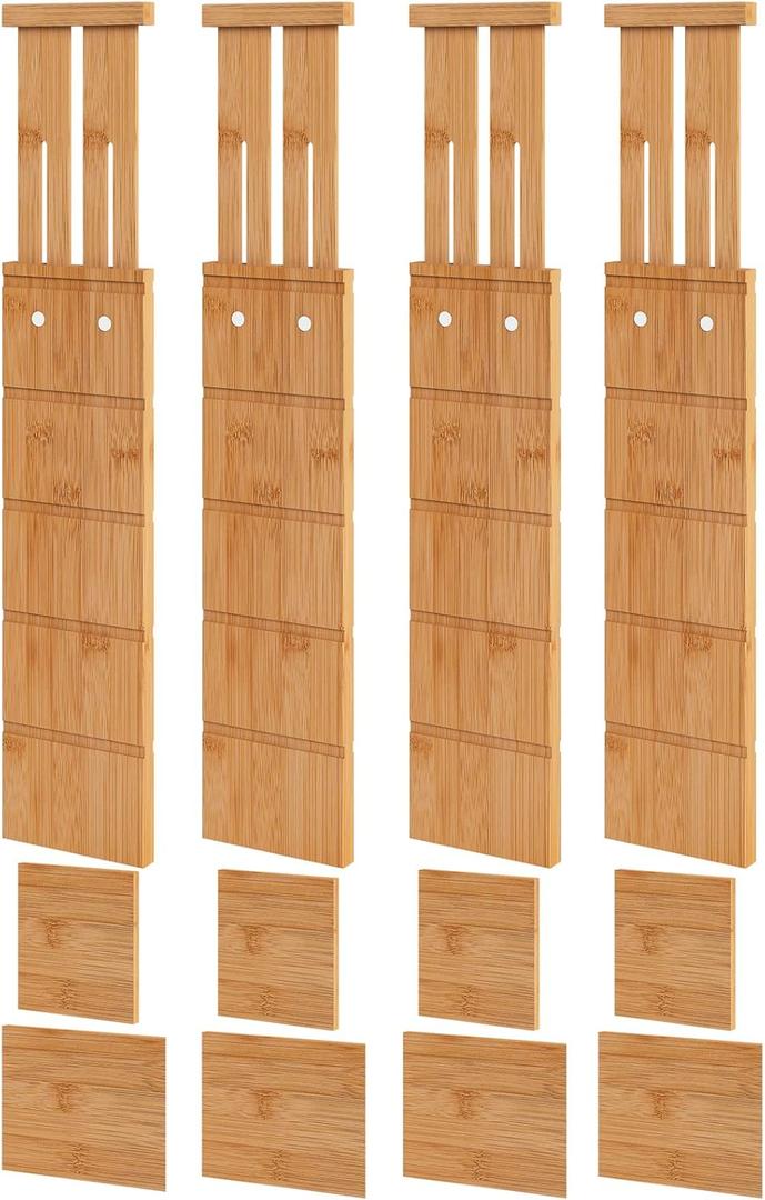 4.4" High Bamboo Drawer Dividers with Inserts, Kitchen Adjustable Drawer Organizers, Expandable Organization for Home, Office, Dressers, and Bathroom, 4 Divider with 8 Insert (4.4" Tall, 16.5"-22" Long)