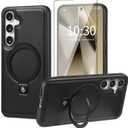 for Samsung Galaxy S25 Plus Case with Stand Magnetic, Compatible with MagSafe Ring Leather Case, with Camera Lens and Screen Protector, Protective Military Grade Shockproof, Black