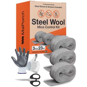 MaPorch Steel Wool for Mice Control - Wool Gap Filler for Home & Garage - DIY Bundle with Gloves & Scissors - Mouse Deterrents That Work - 3 Pack, 3.2" x 7.5 ft