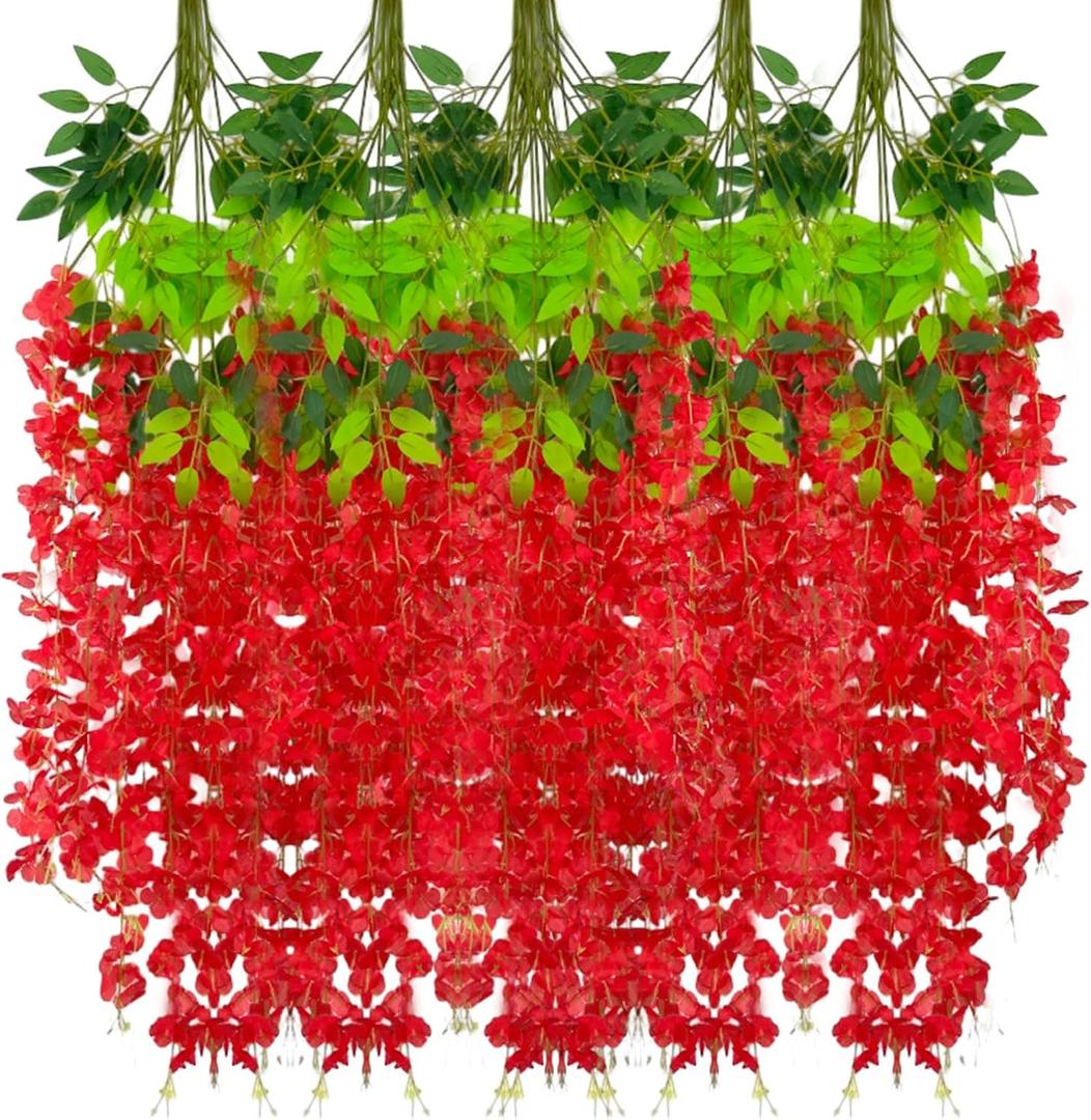 24 Pack Red Wisteria Hanging Flowers Garland, 3.77 Feet Artificial Flower Vines, Fake Wisteria, Artificial Vines Hanging Garland for Backdrop Outdoor Yard Garden Decor