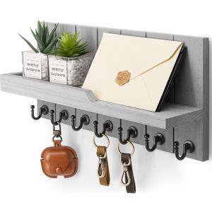 Rebee Vision Decorative Key and Mail Holder for Wall - Farmhouse 15 Inches Floating Shelf with 7 Sturdy Key Hooks for Home Entryway Wall Decor - Rustic Key Racks (Gray,15-inch)