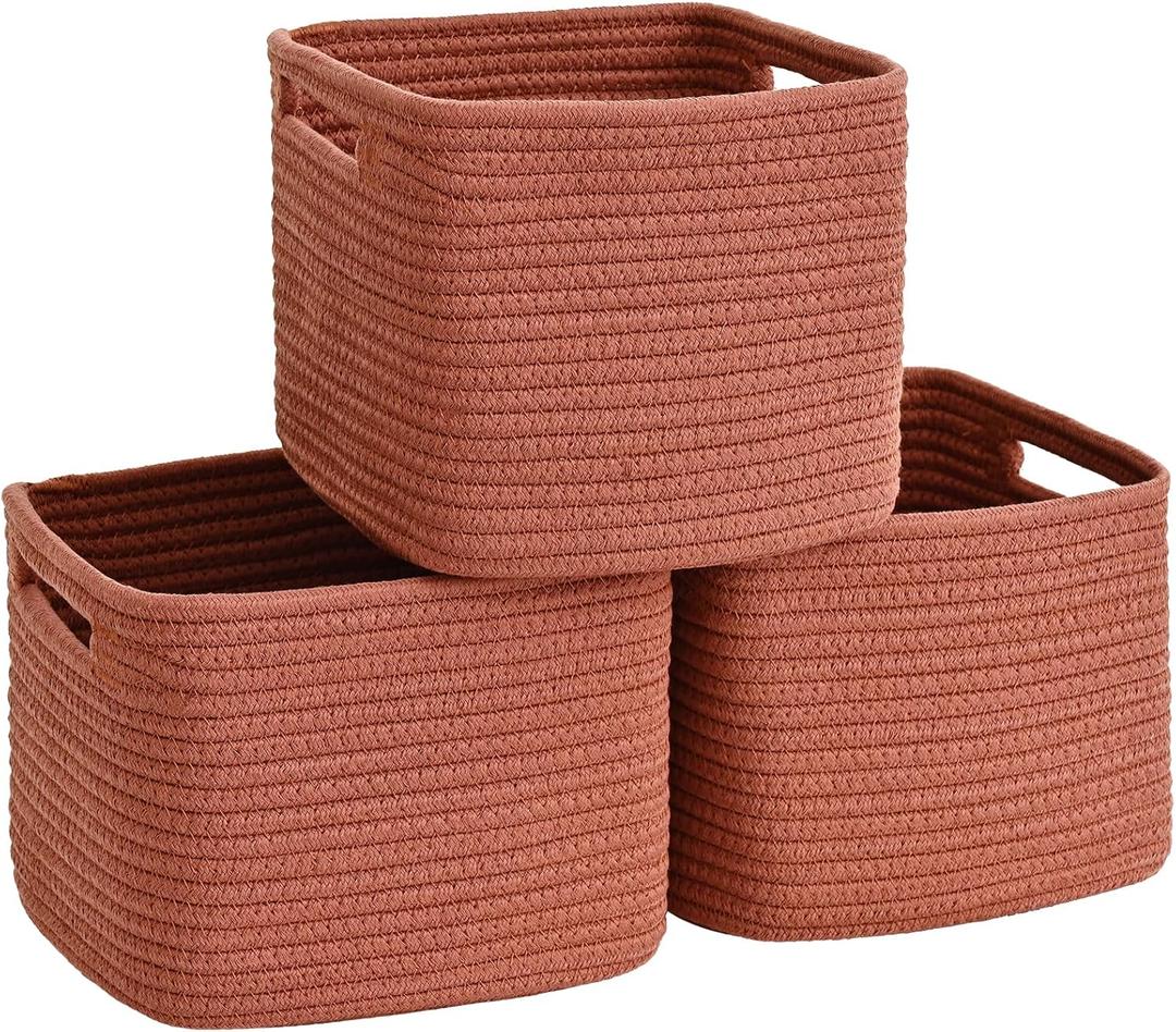 3 Pack Cube Storage Bin, 9x9x7 Cotton Rope Woven Baskets for Organizing Toys Clothes Towels, Square Gift Storage Baskets for Shelves, Nursery, Closet, Bathroom, Pantry (Red)