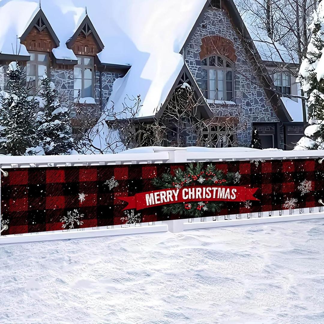 HOMETITUTE Merry Christmas Banner Red Black Plaid Holiday Snowflake 118x20 inch christmas hanging banner Rustic Porch Fence Wall Decoration outdoor christmas banner for yard Party Backdrop