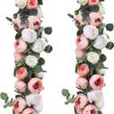 Floweroyal 2 Pack Artificial Flower Garlands 11.2FT Eucalyptus Garlands with Flowers 8 Head Peony Flower Vine Faux Floral Garland for Wedding Arch Table Wall Backdrop Wreath Decoration. (Pink & White)