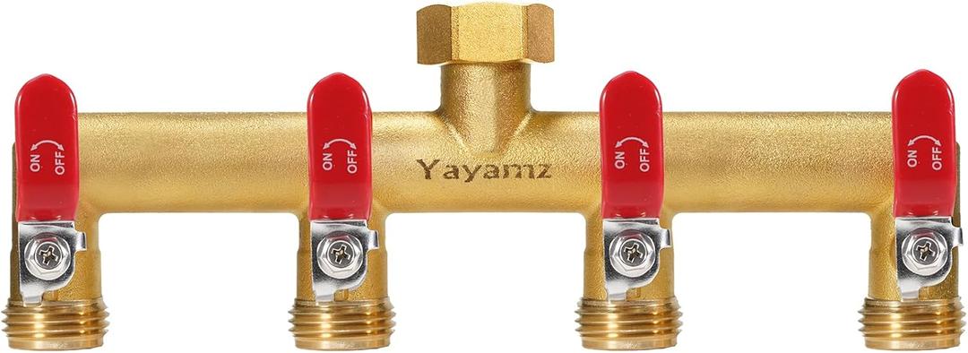 Garden Hose Splitter, 3/4 Rust and Freeze Resistant Outdoor Hose Manifold with 4 Red Extra Long Handles Faucet Adapter-Heavy Duty Brass 4-Way Valve