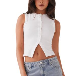 Cioatin Women Ribbed Button Down Tank Tops Sleeveless Crew Neck Slim Fit Open Front Crop Vest Going Out Y2K Clothes White Medium