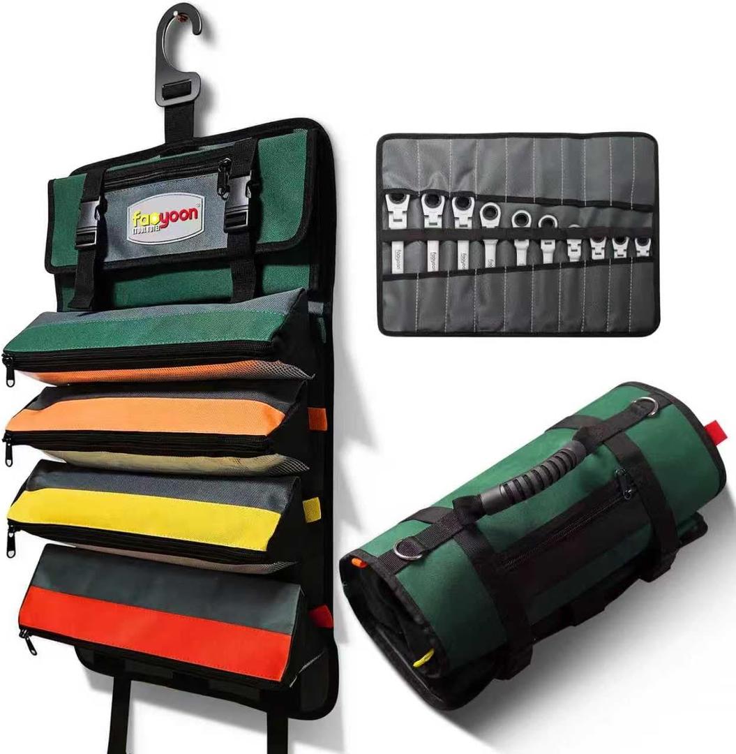Roll Up Tool Bag, Heavy Duty Tool Roll Bag, Roll Up Bag with Portable Wrench Roll Pouches& Detachable Color Coded Tool Pockets, Fold-able Tool Bags, Tool Organizer Storage Bag
