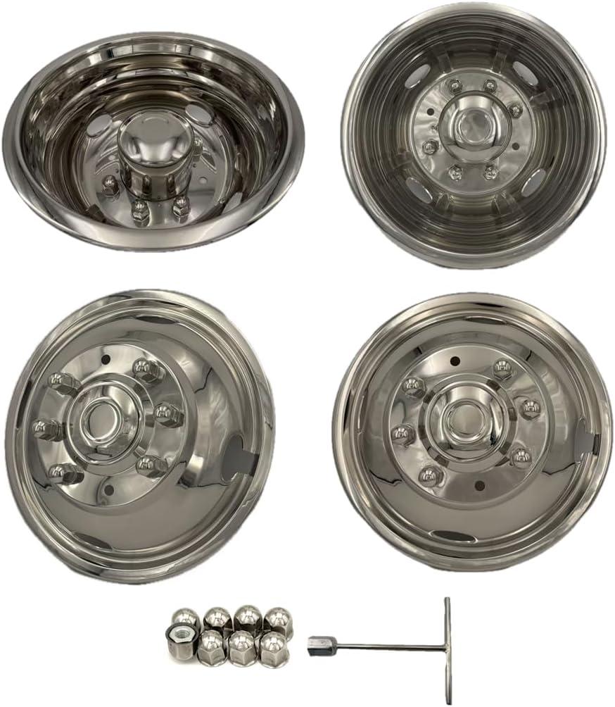 the RAW Polished 17" Wheel Simulators, 8 Lug Wheel Simulator Kit for 2011-Current Chevrolet/GMC C/K3500 Dually Wheel Cover Set, for 17" x 6.5" Dual Wheel, Bolt on mounting (L304 Stainless Steel)