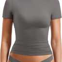 YEOREO Women Fitted Workout Tops Short Sleeve Double Lined Basic Y2K Going Out Crew Neck Compression Crop Top (Small, Coal)