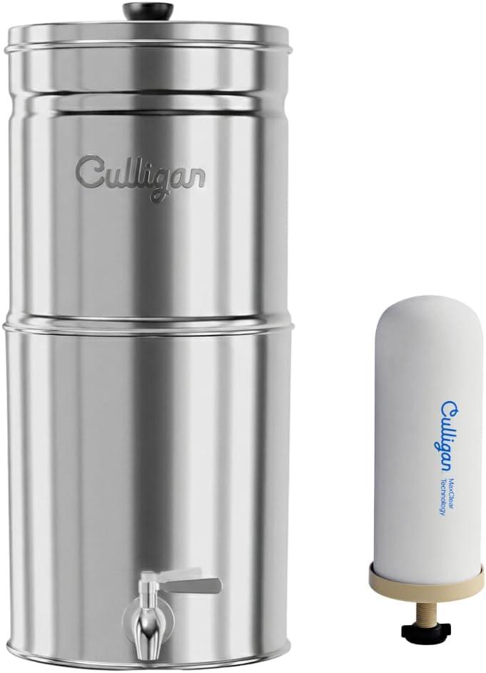 Culligan MaxClear 2.25 Gallon Gravity Water Filter System, Removes Microplastics, PFAS & Lead, NSF/ANSI Certified, Polished Stainless-Steel Countertop Filter with 1 Ceramic Filter