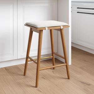 Nathan James Barker Counter Height Solid Wood Barstool with Upholstered Cushion, Backless Island Stool with Rubberwood Legs and Natural Textured Linen Upholstery for Kitchen, Brown/White, 1 Pack