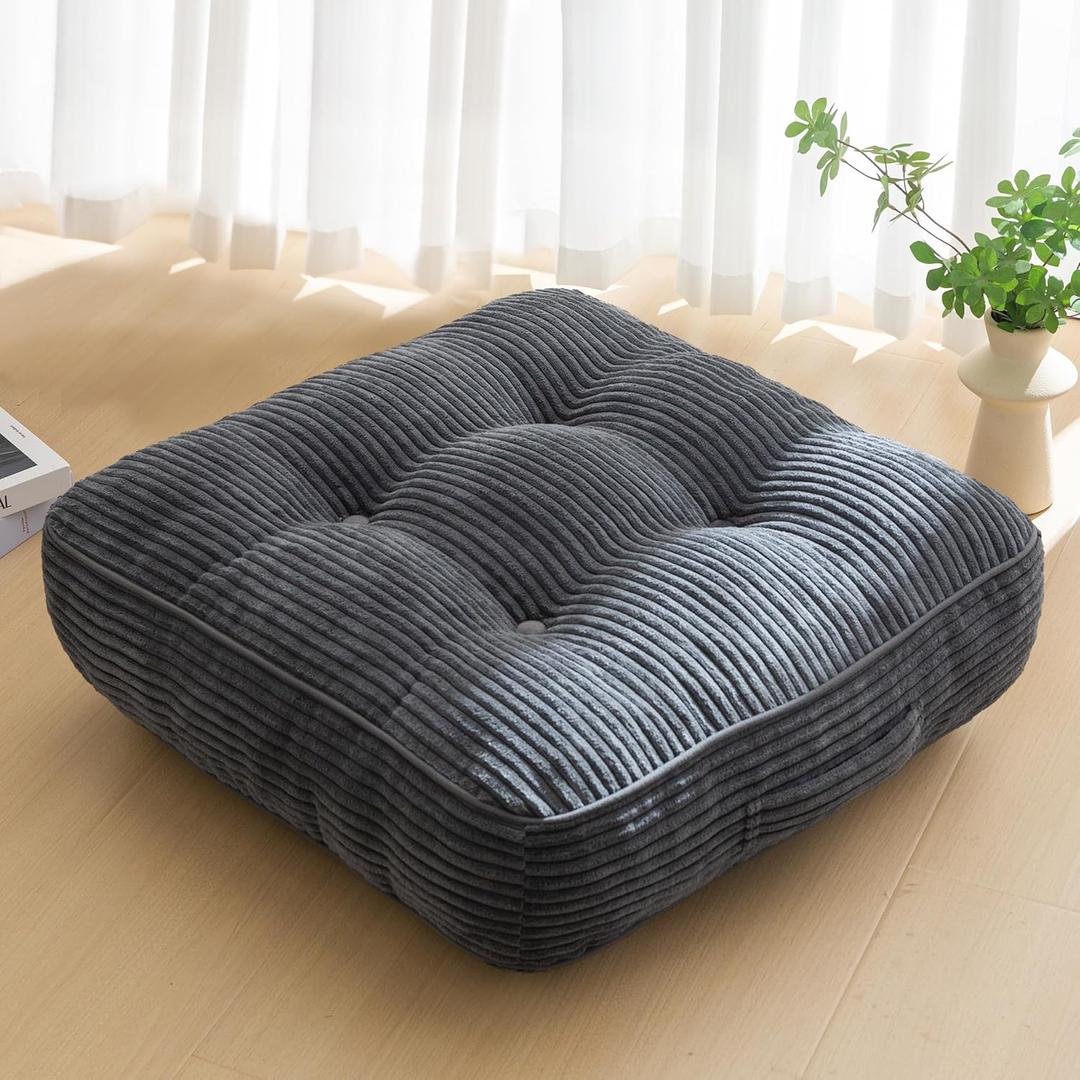 6" Washable Floor Pillow Cushion for Adults, Meditation Cushion Pillow, Large Square Floor Sitting, Removable Tufted Corduroy Cover, for Tatami Living Room or Yoga, 22x22 Inch, Machine Washable (6" Thick(Pack of 1), Dark Grey)