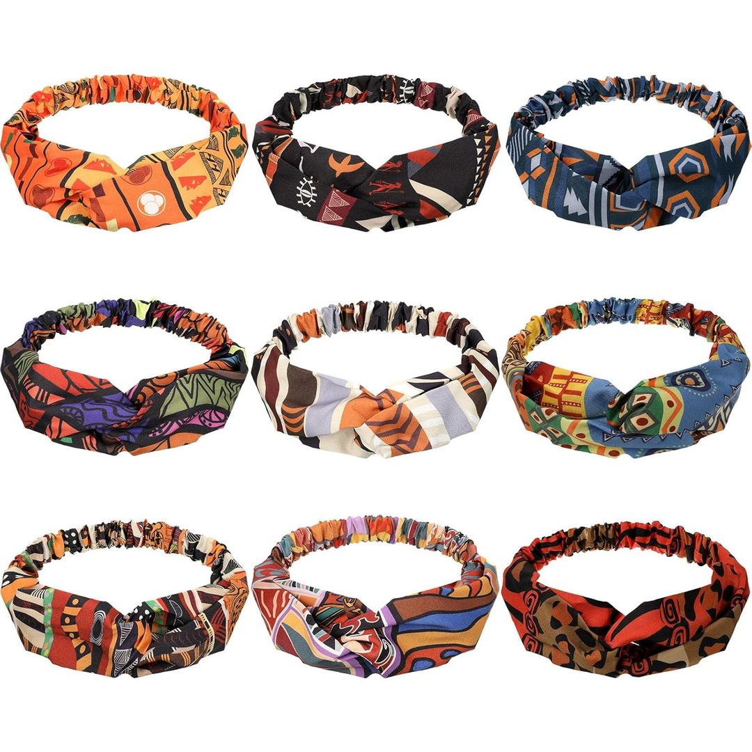 Syhood 9 Pcs African Headbands Boho Knotted Headband African Stretch Wide Head Wraps Vintage Afrocentric Headband Workout Yoga Sports Elastic Hair Accessories for Women