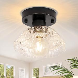 Semi Flush Mount Ceiling Light, Black Hallway Vintage Lights Fixture Ceiling with Clear Pumpkin Hat Glass, 4.72" Base Modern Ceiling Light Fixtures for Bathroom Porch Kitchen Bedroom (Metal base (Bulb not included), Pumpkin HatClear)