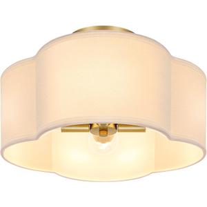 4-Light 14.4'' Semi Flush Mount Ceiling Light Fixture, Gold Modern Close to Ceiling Lamp with White Fabric Shade, Farmhouse Bright Lighting Brass Finish for Nursery Kids Room Bedroom Hallway Entryway