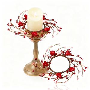 Daifunli 2 Pcs Valentine Day Candle Rings Heart and Red Berry Vintage Wood Wreath for Pillar 3.9 Inch Candles Holder for Valentines Day Table Centerpiece Wedding Kitchen Cabinets Rustic Table Decor