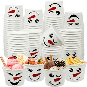 100 Pcs Christmas Snowman Treat Snack Cups 9 oz Disposable Paper Ice Cream Bowls, Holiday Dessert Snack Cups for Winter Holiday Xmas Party Supplies, Hot & Cold Food Containers