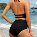 Women's Halter Bikini Sets High Waisted Tummy Control Swimsuit V Neck Push Up Bathing Suits (Black, L)