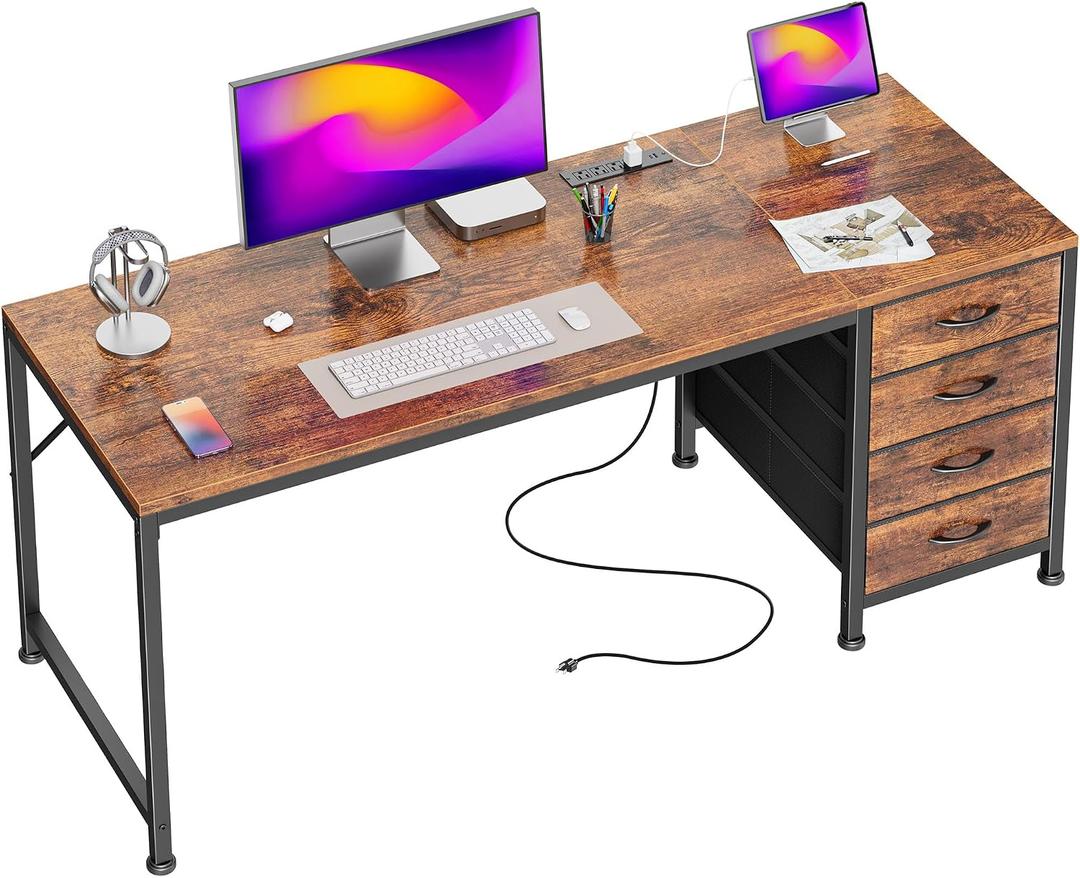 PRAISUN 55.1 Inch Computer Office Desk with Power Outelts and USB-C Port, Reversible Gaming Desk with 4 Fabric Drawers, Work Study Desk Work from Home, Rustic Brown
